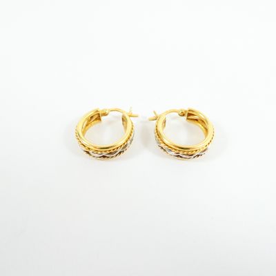 a pair of gold hoop earrings on a white background