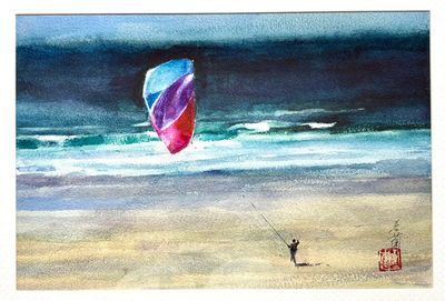 un tableau représentant un homme faisant voler un cerf-volant sur la plage