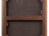 a close up of a picture of a wooden frame with a label on it