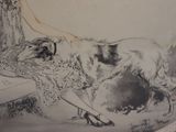 a drawing of a woman sitting on a bench with a dog