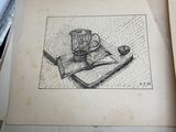 a drawing of a cup and a book on a table