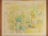 une image représentant une aquarelle d'une ville, dans un cadre en bois