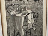 painting of a cat sitting at a table in a field