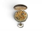 a silver pocket watch with a gold dial on a white background