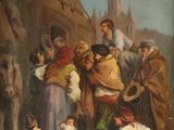 painting of a group of people gathered around a man on a horse