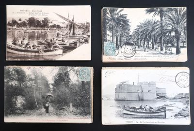 quatre anciennes cartes postales représentant un bateau, des palmiers et un bâtiment