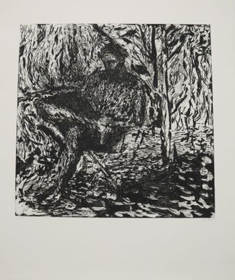 une image représentant un dessin en noir et blanc d'une personne dans les bois