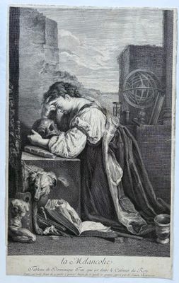 une vieille gravure représentant une femme assise à une table avec un chien