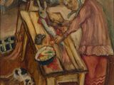 tableau représentant une femme et un chien dans une cuisine, avec du linge suspendu à une corde à linge