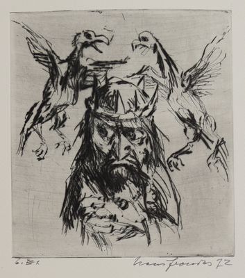 an image of a black and white drawing of birds and a man