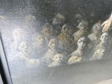 a painting of a woman standing in front of a group of dogs