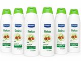 four bottles of relax body lotion on a white background