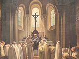 painting of a group of priests in a church with a crucifix