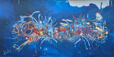 peinture représentant une œuvre abstraite bleue et rouge sur un mur