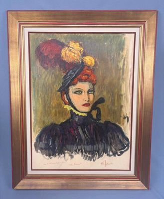une peinture à l'huile représentant une femme coiffée d'un chapeau et tenant une pipe