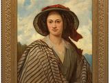 a painting of a woman in a large hat and striped shawl