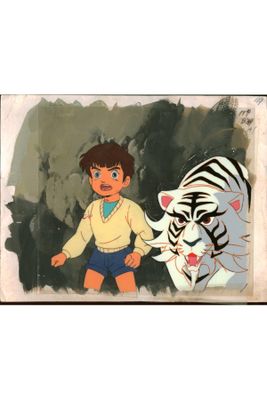 painting of a young boy and a white tiger in front of a black and white background