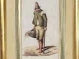 an old picture of a man with a cane and a hat