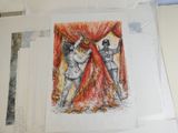 un dessin représentant deux hommes sur une scène avec un rideau rouge