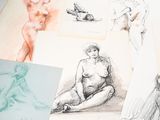 sketches of a woman sitting on the floor next to a pile of papers