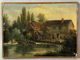 une vieille peinture représentant une maison au bord d'une rivière, avec un bateau dans l'eau
