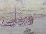 a painting of a boat in the water with people on it