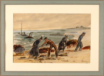a painting of a group of people on the beach