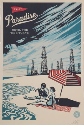 an image of a poster of a couple sitting on a beach under an umbrella