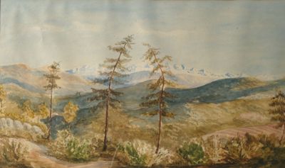une photo d'un tableau représentant un paysage de montagne accroché au mur
