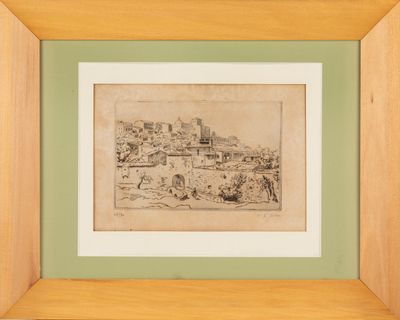 un vieux dessin représentant un village, dans un cadre en bois