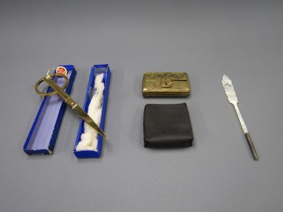 une paire de ciseaux, une brosse à dents et un étui posés sur une table