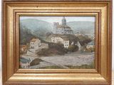une peinture à l'huile représentant un village avec une église au sommet d'une colline