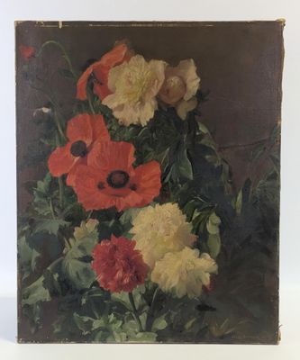 tableau représentant des fleurs rouges, jaunes et blanches dans un vase posé sur une table