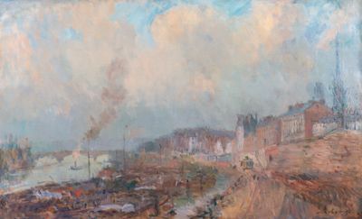 représentation d'un tableau représentant une ville, avec une rivière au premier plan et des bâtiments à l'arrière-plan