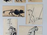 several drawings of birds and other animals are displayed on a wall