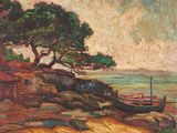a painting of a boat on the shore by the water