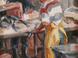 une peinture à l'huile représentant un homme et une femme travaillant dans une usine
