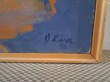 an oil painting of a blue sky with clouds in a wooden frame on a checkered floor