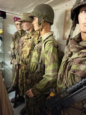 many mannequins dressed in military uniforms in a display case