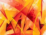 an abstract painting of orange and yellow shapes on a white background