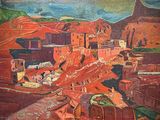 une peinture à l'huile représentant une ville avec une montagne en arrière-plan