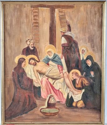 an old painting of jesus laying on the cross with other people
