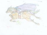 un dessin représentant une femme à cheval, avec un dragon sur le dos