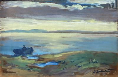 une peinture à l'huile représentant un bateau dans un plan d'eau
