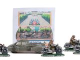 three figurines of people on motorcycles and a car