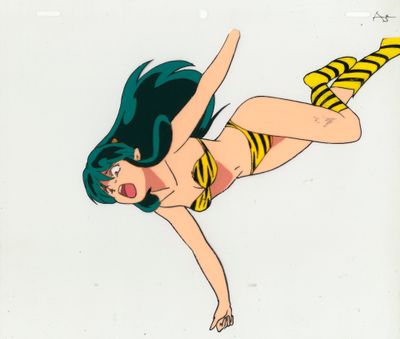 cellule d'animation représentant une femme en bikini et portant des bas rayés