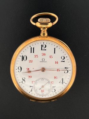 OMEGA. Montre gousset en or jaune 750 millièmes, cadran émaillé blanc  - Photo 1