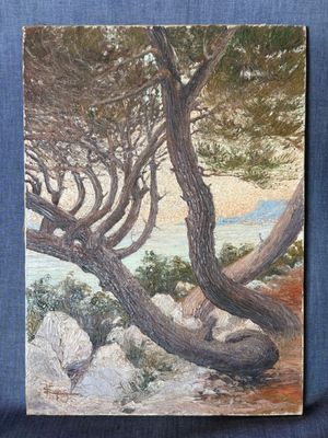 une image représentant un tableau d'un arbre sur fond bleu