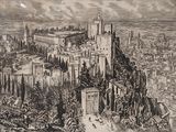 dessin représentant une ville avec un château au sommet d'une colline