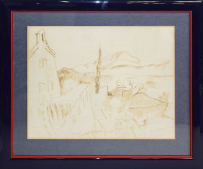 dessin encadré représentant un paysage avec un homme et une femme